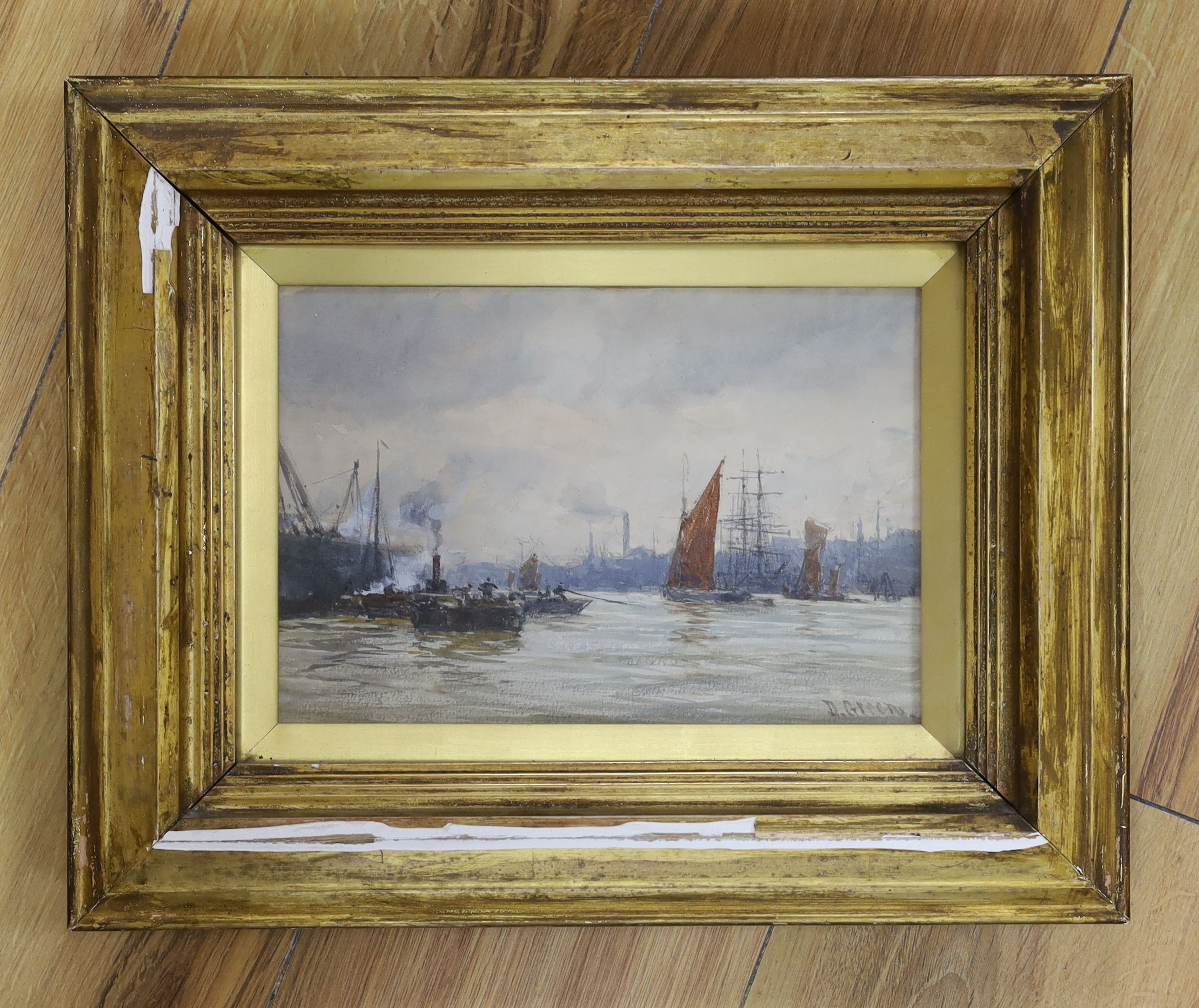 David Gould Green (1854-1917), watercolour, Shipping on The Thames, signed, 15 x 23cm